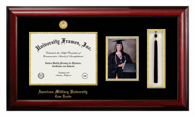 American Military University Cum Laude Diploma with 5 x 7 Portrait & Tassel Box Frame in Classic Mahogany with Black & Gold Mats for DOCUMENT: 8 1/2"H X 11"W  