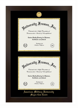American Military University Magna Cum Laude Double Degree (Stacked) Frame in Manhattan Espresso with Black & Gold Mats for DOCUMENT: 8 1/2"H X 11"W  , DOCUMENT: 8 1/2"H X 11"W  