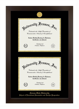 Arizona State University School of Educational Innovation and Teacher Preparation Double Degree (Stacked) Frame in Manhattan Espresso with Black & Gold Mats for DOCUMENT: 8 1/2"H X 11"W  , DOCUMENT: 8 1/2"H X 11"W  