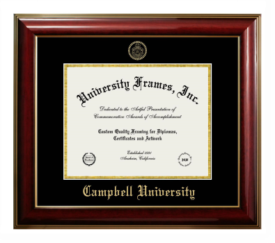 Campbell University Diploma Frame in Classic Mahogany with Gold Trim with Black & Gold Mats for DOCUMENT: 8 1/2"H X 11"W  