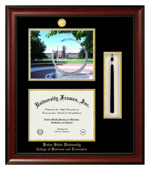Boise State University College of Business and Economics Double Opening with Campus Image & Tassel Box (Stacked) Frame in Avalon Mahogany with Black & Gold Mats for document: 8 1/2"h x 11"w  