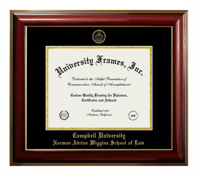 Campbell University Norman Adrian Wiggins School of Law Diploma Frame in Classic Mahogany with Gold Trim with Black & Gold Mats for DOCUMENT: 8 1/2"H X 11"W  