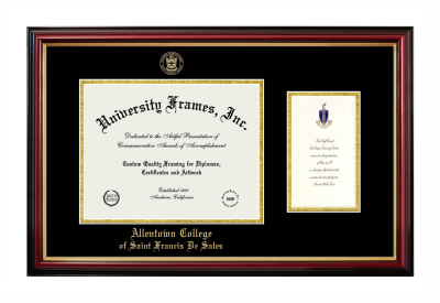 Allentown College of Saint Francis De Sales Diploma with Announcement Frame in Petite Mahogany with Gold Trim with Black & Gold Mats for DOCUMENT: 8 1/2"H X 11"W  ,  7"H X 4"W  