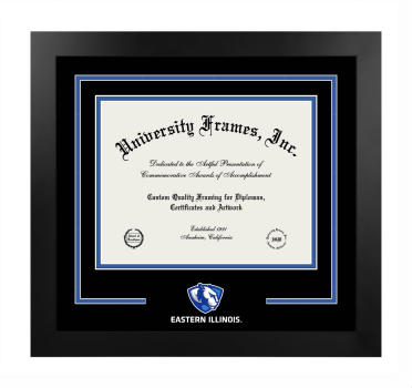 Eastern Illinois University Logo Mat Frame in Manhattan Black with Black & Royal Blue Mats for document: 8 1/2"h x 11"w  