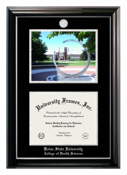Boise State University College of Health Sciences Double Opening with Campus Image (Stacked) Frame in Classic Ebony with Silver Trim with Black & Silver Mats for document: 8 1/2"h x 11"w  