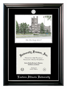 Eastern Illinois University Double Opening with Campus Image (Stacked) Frame in Classic Ebony with Silver Trim with Black & Silver Mats for document: 8 1/2"h x 11"w  