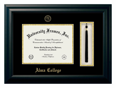 Alma College Diploma with Tassel Box Frame in Satin Black with Black & Gold Mats for DOCUMENT: 8 1/2"H X 11"W  