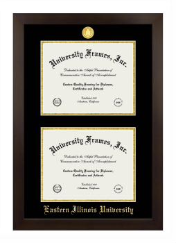 Eastern Illinois University Double Degree (Stacked) Frame in Manhattan Espresso with Black & Gold Mats for document: 8 1/2"h x 11"w  , document: 8 1/2"h x 11"w  