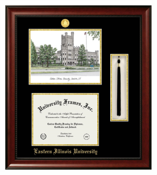 Eastern Illinois University Double Opening with Campus Image & Tassel Box (Stacked) Frame in Avalon Mahogany with Black & Gold Mats for document: 8 1/2"h x 11"w  