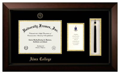 Alma College Diploma with Announcement & Tassel Box Frame in Legacy Black Cherry with Black & Gold Mats for DOCUMENT: 8 1/2"H X 11"W  ,  7"H X 4"W  