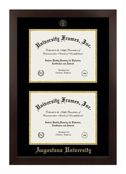 Augustana University (Sioux Falls, SD) Double Degree (Stacked) Frame in Manhattan Espresso with Black & Gold Mats for DOCUMENT: 8 1/2"H X 11"W  , DOCUMENT: 8 1/2"H X 11"W  