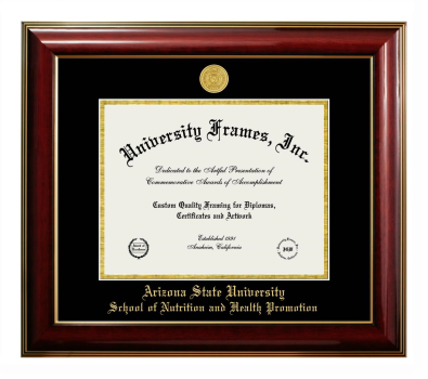 Arizona State University School of Nutrition and Health Promotion Diploma Frame in Classic Mahogany with Gold Trim with Black & Gold Mats for DOCUMENT: 8 1/2"H X 11"W  