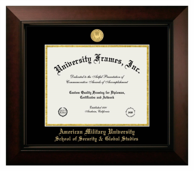 American Military University School of Security & Global Studies Diploma Frame in Legacy Black Cherry with Black & Gold Mats for DOCUMENT: 8 1/2"H X 11"W  