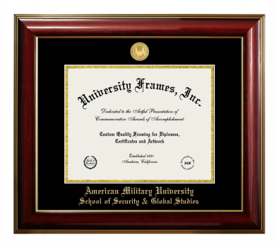 American Military University School of Security & Global Studies Diploma Frame in Classic Mahogany with Gold Trim with Black & Gold Mats for document: 8 1/2"h x 11"w  