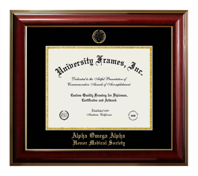 Alpha Omega Alpha Honor Medical Society Diploma Frame in Classic Mahogany with Gold Trim with Black & Gold Mats for document: 8 1/2"h x 11"w  