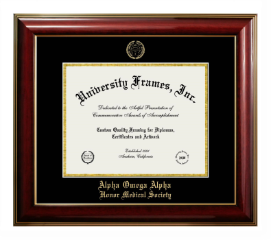 Alpha Omega Alpha Honor Medical Society Diploma Frame in Classic Mahogany with Gold Trim with Black & Gold Mats for DOCUMENT: 8 1/2"H X 11"W  