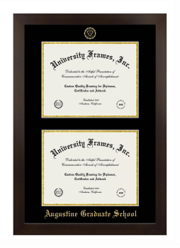Augustine Graduate School Double Degree (Stacked) Frame in Manhattan Espresso with Black & Gold Mats for DOCUMENT: 8 1/2"H X 11"W  , DOCUMENT: 8 1/2"H X 11"W  