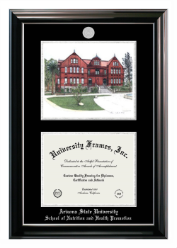 Arizona State University School of Nutrition and Health Promotion Double Opening with Campus Image (Stacked) Frame in Classic Ebony with Silver Trim with Black & Silver Mats for DOCUMENT: 8 1/2"H X 11"W  