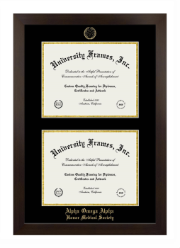 Alpha Omega Alpha Honor Medical Society Double Degree (Stacked) Frame in Manhattan Espresso with Black & Gold Mats for document: 8 1/2"h x 11"w  , document: 8 1/2"h x 11"w  
