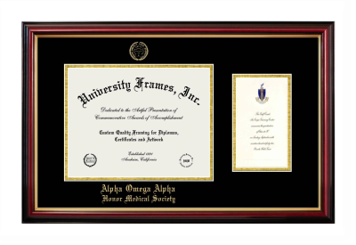 Alpha Omega Alpha Honor Medical Society Diploma with Announcement Frame in Petite Mahogany with Gold Trim with Black & Gold Mats for DOCUMENT: 8 1/2"H X 11"W  ,  7"H X 4"W  