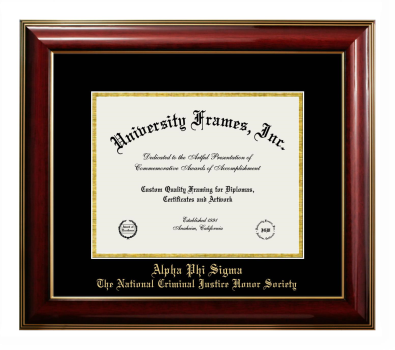 Alpha Phi Sigma The National Criminal Justice Honor Society Diploma Frame in Classic Mahogany with Gold Trim with Black & Gold Mats for DOCUMENT: 8 1/2"H X 11"W  