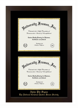Alpha Phi Sigma The National Criminal Justice Honor Society Double Degree (Stacked) Frame in Manhattan Espresso with Black & Gold Mats for DOCUMENT: 8 1/2"H X 11"W  , DOCUMENT: 8 1/2"H X 11"W  