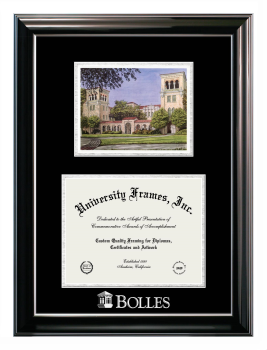 Bolles School Double Opening with Campus Image (Stacked) Frame in Classic Ebony with Silver Trim with Black & Silver Mats for DOCUMENT: 8 1/2"H X 11"W  
