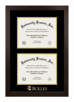 Bolles School Double Degree (Stacked) Frame in Manhattan Espresso with Black & Gold Mats for document: 8 1/2"h x 11"w  , document: 8 1/2"h x 11"w  