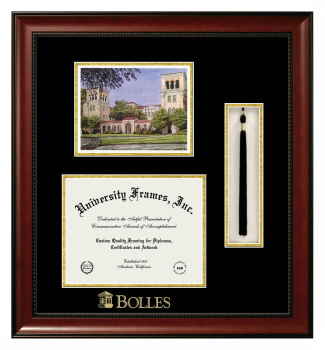 Bolles School Double Opening with Campus Image & Tassel Box (Stacked) Frame in Avalon Mahogany with Black & Gold Mats for DOCUMENT: 8 1/2"H X 11"W  
