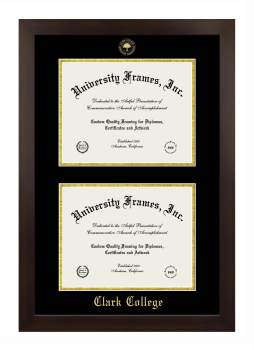 Clark College Double Degree (Stacked) Frame in Manhattan Espresso with Black & Gold Mats for document: 8 1/2"h x 11"w  , document: 8 1/2"h x 11"w  