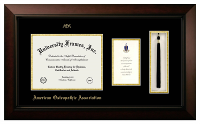 American Osteopathic Association Diploma with Announcement & Tassel Box Frame in Legacy Black Cherry with Black & Gold Mats for DOCUMENT: 8 1/2"H X 11"W  ,  7"H X 4"W  