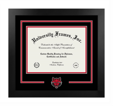 Arkansas State University Logo Mat Frame in Manhattan Black with Black & Red Mats for document: 8 1/2"h x 11"w  
