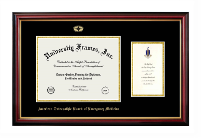 American Osteopathic Board of Emergency Medicine Diploma with Announcement Frame in Petite Mahogany with Gold Trim with Black & Gold Mats for DOCUMENT: 8 1/2"H X 11"W  ,  7"H X 4"W  