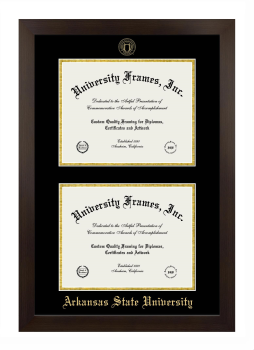 Arkansas State University Double Degree (Stacked) Frame in Manhattan Espresso with Black & Gold Mats for DOCUMENT: 8 1/2"H X 11"W  , DOCUMENT: 8 1/2"H X 11"W  