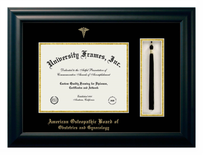 American Osteopathic Board of Obstetrics and Gynecology Diploma with Tassel Box Frame in Satin Black with Black & Gold Mats for document: 8 1/2"h x 11"w  