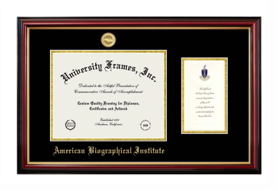 American Biographical Institute Diploma with Announcement Frame in Petite Mahogany with Gold Trim with Black & Gold Mats for DOCUMENT: 8 1/2"H X 11"W  ,  7"H X 4"W  
