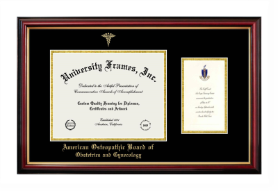 American Osteopathic Board of Obstetrics and Gynecology Diploma with Announcement Frame in Petite Mahogany with Gold Trim with Black & Gold Mats for document: 8 1/2"h x 11"w  , diploma: 7"h x 4"w  
