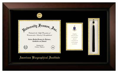American Biographical Institute Diploma with Announcement & Tassel Box Frame in Legacy Black Cherry with Black & Gold Mats for DOCUMENT: 8 1/2"H X 11"W  ,  7"H X 4"W  