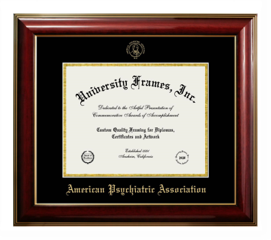 American Psychiatric Association Diploma Frame in Classic Mahogany with Gold Trim with Black & Gold Mats for DOCUMENT: 8 1/2"H X 11"W  