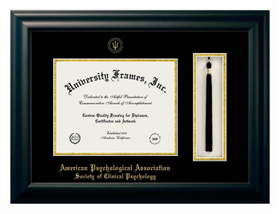 American Psychological Association Society of Clinical Psychology Diploma with Tassel Box Frame in Satin Black with Black & Gold Mats for DOCUMENT: 8 1/2"H X 11"W  