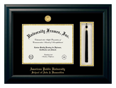American Public University School of Arts & Humanities Diploma with Tassel Box Frame in Satin Black with Black & Gold Mats for DOCUMENT: 8 1/2"H X 11"W  