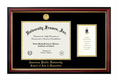 American Public University School of Arts & Humanities Diploma with Announcement Frame in Petite Mahogany with Gold Trim with Black & Gold Mats for document: 8 1/2"h x 11"w  , diploma: 7"h x 4"w  