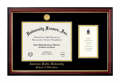 American Public University School of Education Diploma with Announcement Frame in Petite Mahogany with Gold Trim with Black & Gold Mats for DOCUMENT: 8 1/2"H X 11"W  ,  7"H X 4"W  