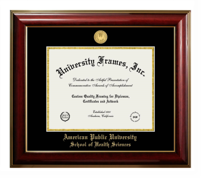American Public University School of Health Sciences Diploma Frame in Classic Mahogany with Gold Trim with Black & Gold Mats for DOCUMENT: 8 1/2"H X 11"W  