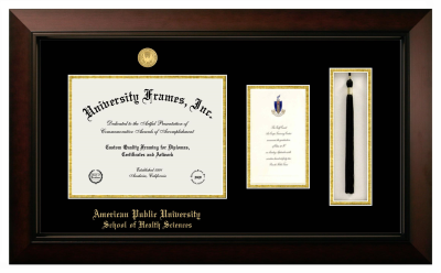 American Public University School of Health Sciences Diploma with Announcement & Tassel Box Frame in Legacy Black Cherry with Black & Gold Mats for DOCUMENT: 8 1/2"H X 11"W  ,  7"H X 4"W  