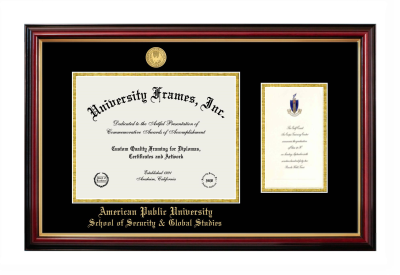 American Public University School of Security & Global Studies Diploma with Announcement Frame in Petite Mahogany with Gold Trim with Black & Gold Mats for DOCUMENT: 8 1/2"H X 11"W  ,  7"H X 4"W  
