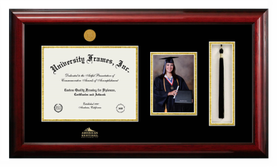 American Sentinel University Diploma with 5 x 7 Portrait & Tassel Box Frame in Classic Mahogany with Black & Gold Mats for DOCUMENT: 8 1/2"H X 11"W  