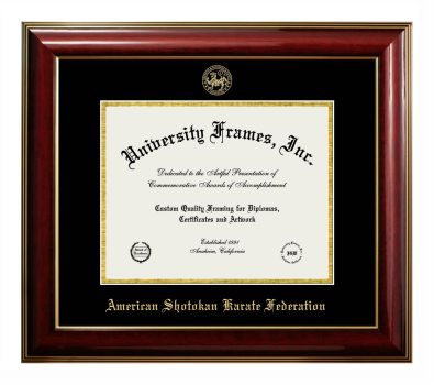 American Shotokan Karate Federation Diploma Frame in Classic Mahogany with Gold Trim with Black & Gold Mats for DOCUMENT: 8 1/2"H X 11"W  