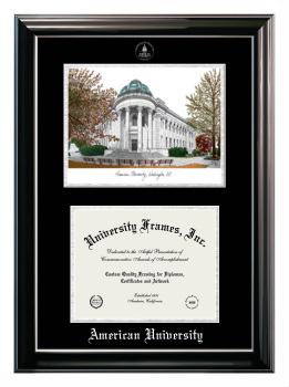 American University Double Opening with Campus Image (Stacked) Frame in Classic Ebony with Silver Trim with Black & Silver Mats for DOCUMENT: 8 1/2"H X 11"W  