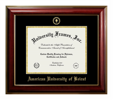 American University of Beirut Diploma Frame in Classic Mahogany with Gold Trim with Black & Gold Mats for DOCUMENT: 8 1/2"H X 11"W  